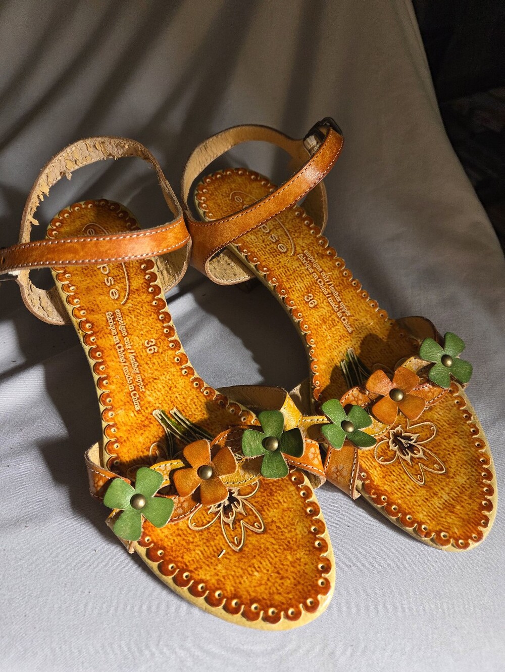 Eclipse Orange Leather Floral Ankle-Strap Sandals with Green Accents